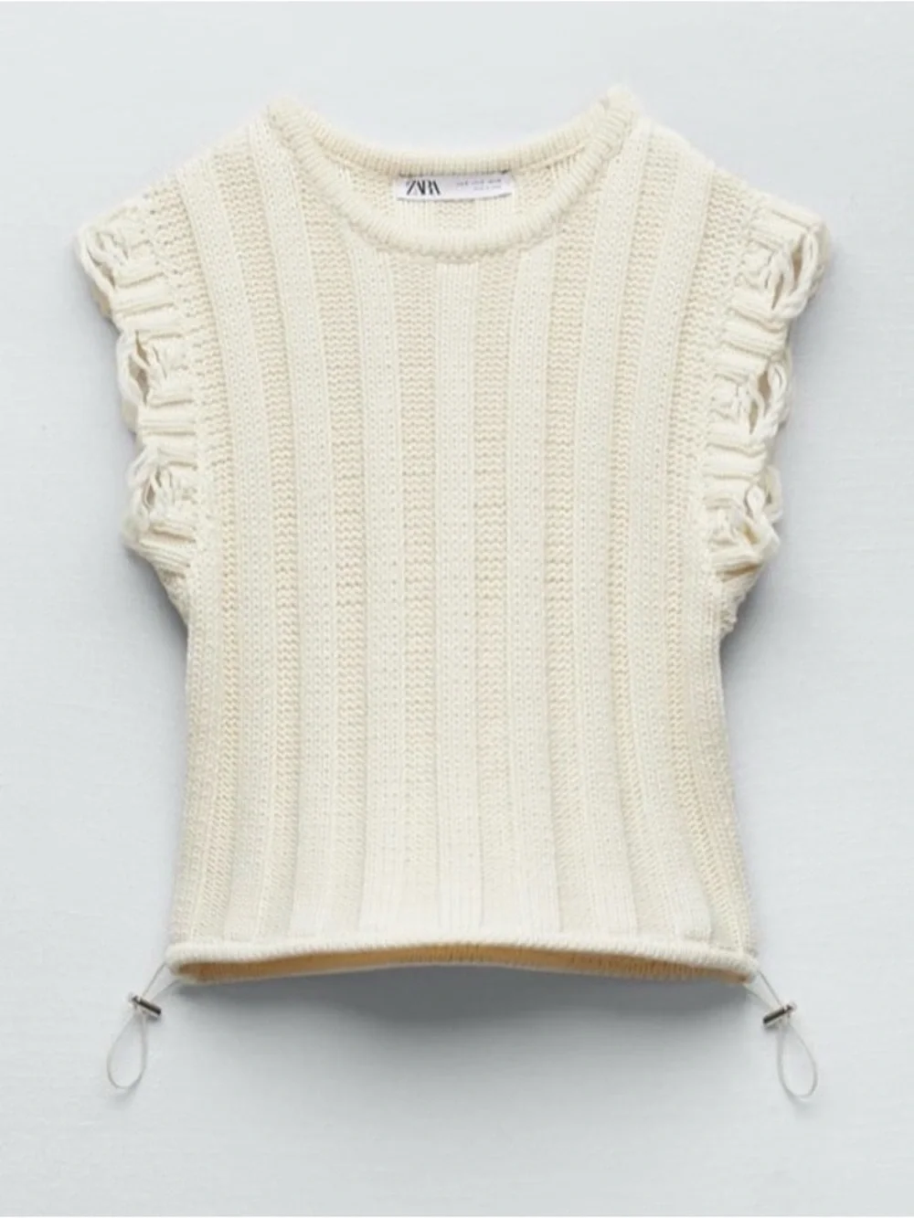 ZARA CREAM KNIT CROP TOP W/ DRAW STRING AT HEM DISTRESSED CAPPED SLEEVES SZ M - Picture 2 of 7